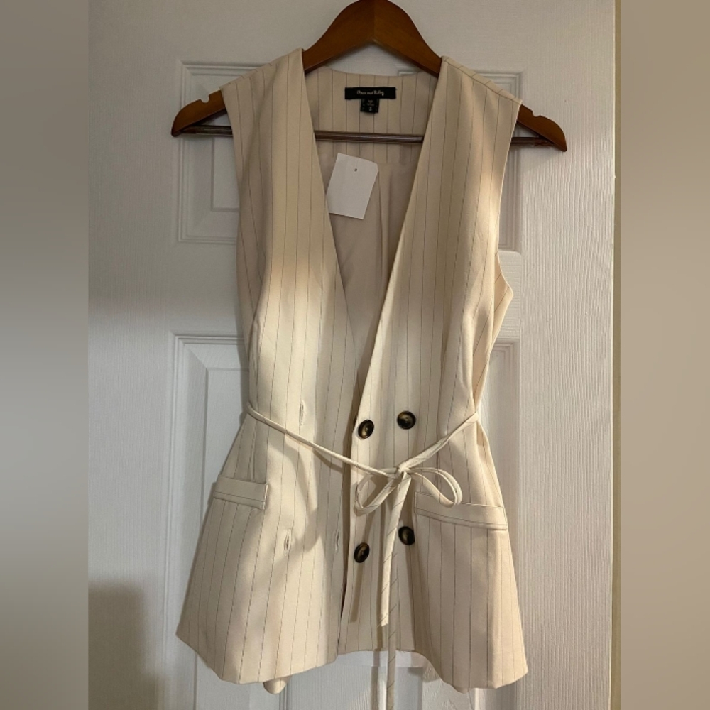 Beige Striped Sleeveless Blazer Vest